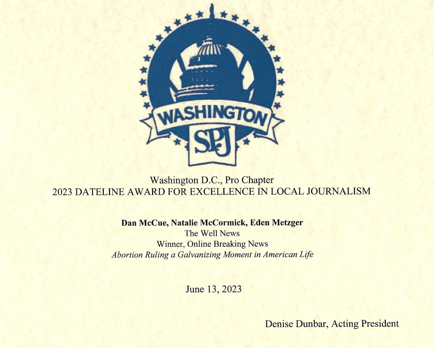 Well News Nets Top Honors at DCSPJ Dinner